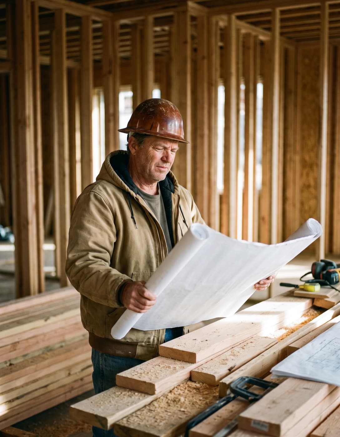 A contractor in a hard hat reading plans inside a house under construction.