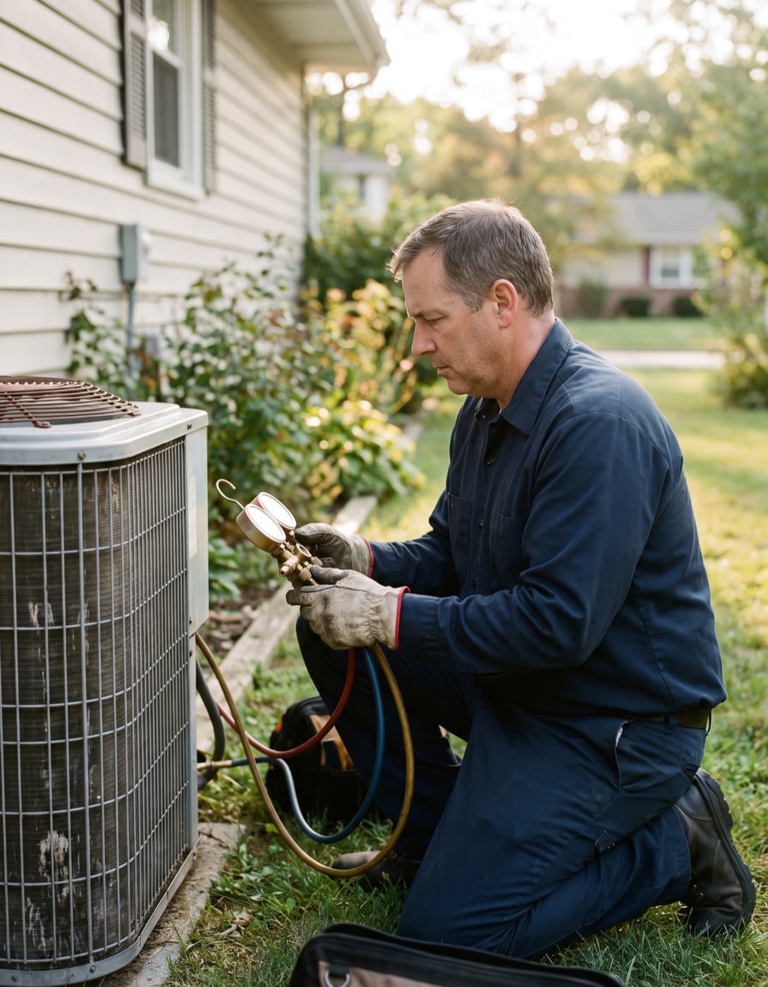 An HVAC technician checking gauges on an air conditioning unit outside a home.