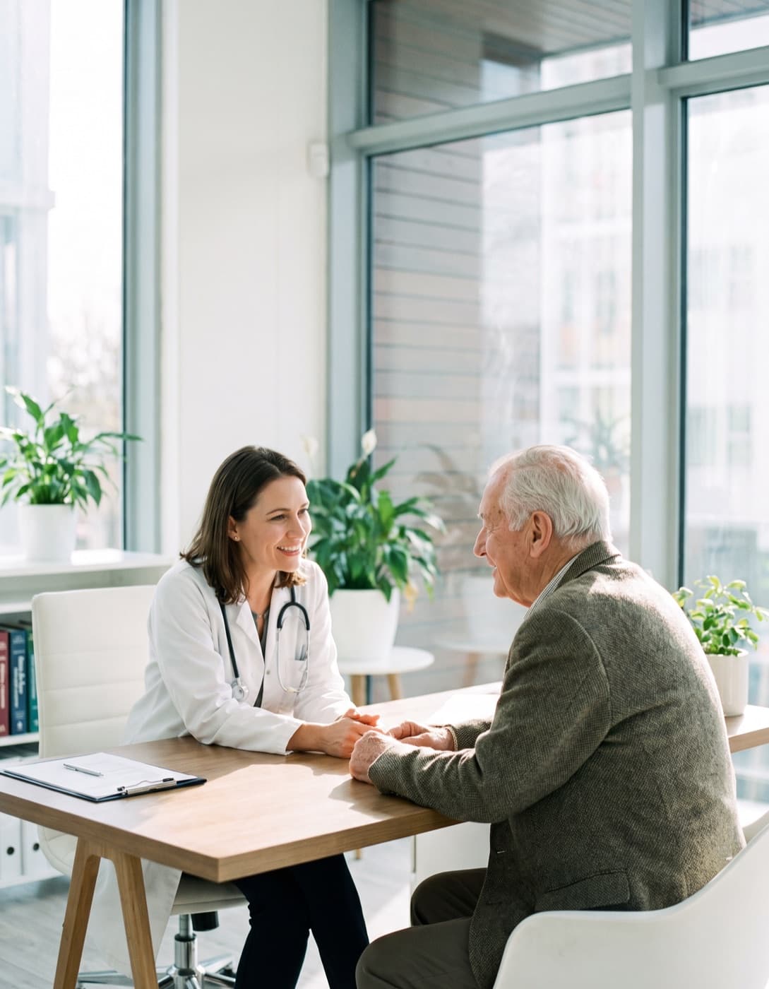 A doctor talking with a patient across a desk in a medical practice.