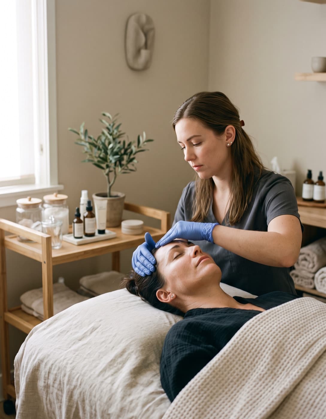 An aesthetician giving a client a facial treatment in a med spa.