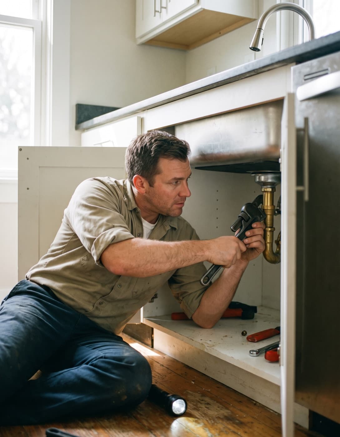 A plumber fitting a pipe beneath a kitchen sink.