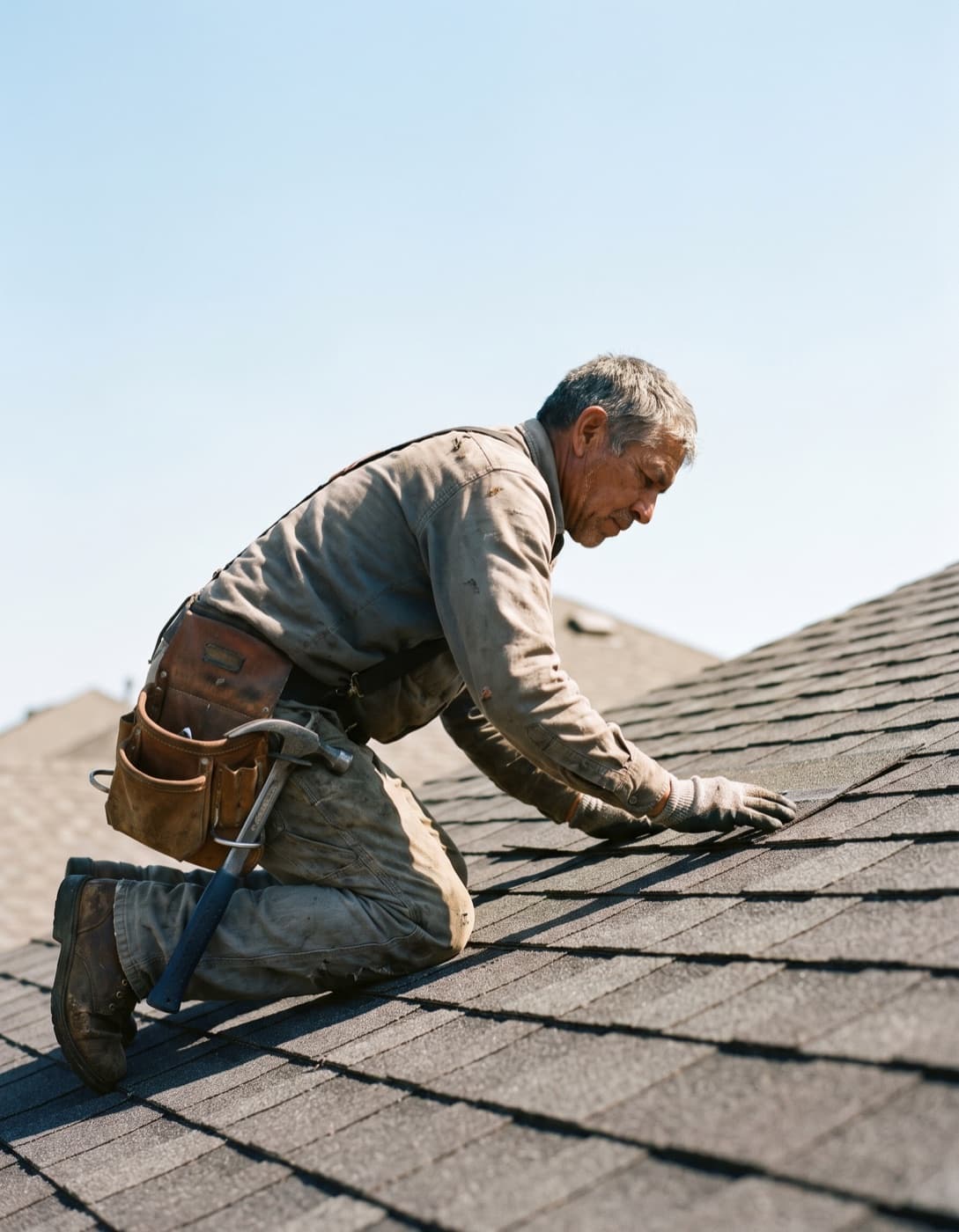 A roofer laying shingles on a residential roof.