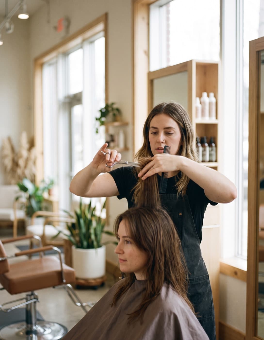 A stylist cutting a client’s hair in a salon.